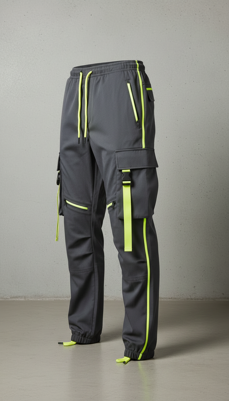 Alternate angle view of Streetwear Cargo Pants with Neon Yellow Highlights