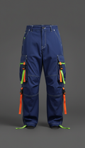 A perfectly centered image of streetwear cargo pants on a monochrome backdrop. The lighting is soft and even, with a...