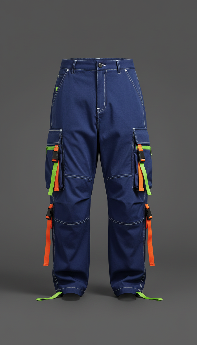 A perfectly centered image of streetwear cargo pants on a monochrome backdrop. The lighting is soft and even, with a...