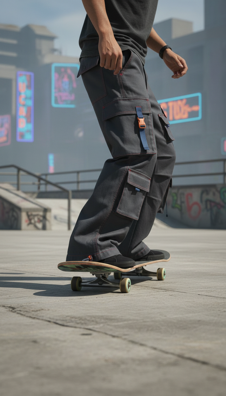 Urban asphalt wide-leg cargo pants in use