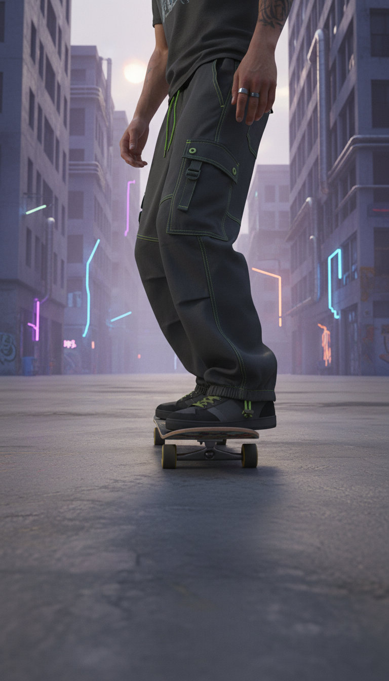 Oversized cargo pants with lime accents in use