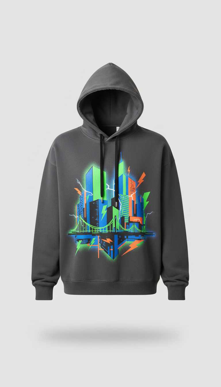 A contemporary streetwear hoodie featuring a bold, urban-inspired design, centered against a soft grey background. The...