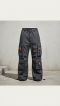 Urban Asphalt wide-leg cargo pants, cropped at mid-thigh or waist depending on product focus. Use neutral backdrops found...