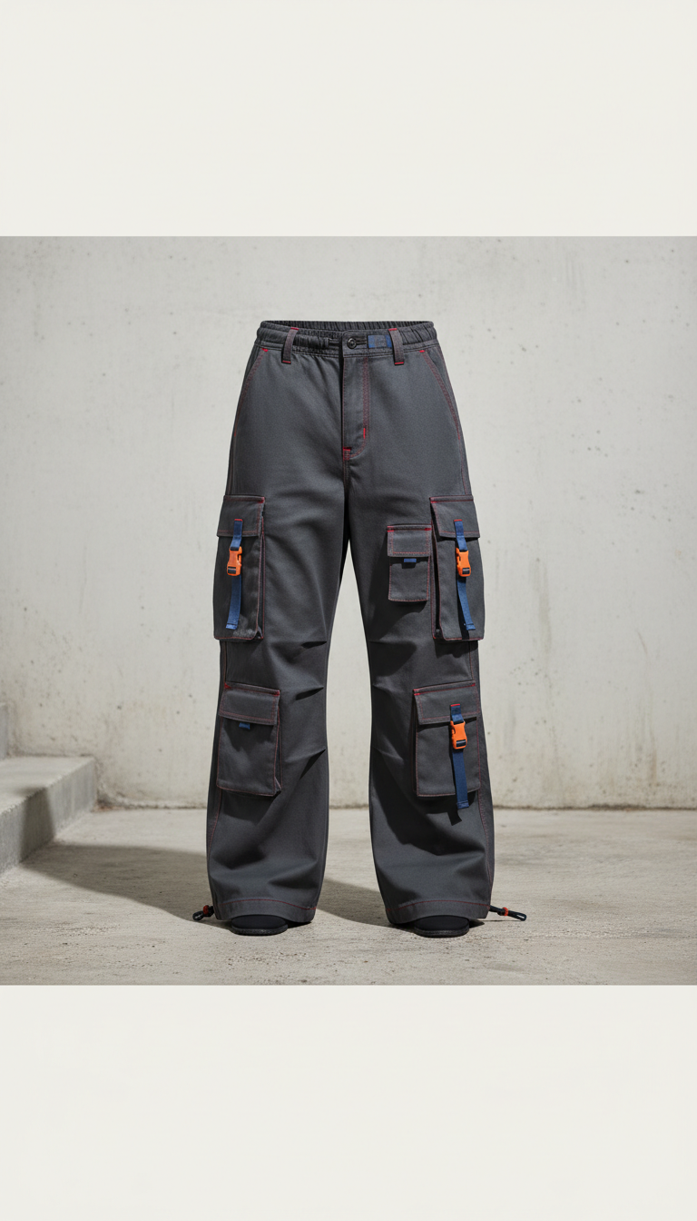 Urban Asphalt wide-leg cargo pants, cropped at mid-thigh or waist depending on product focus. Use neutral backdrops found...