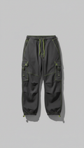 Signal Lime accented oversized cargo pants, Default product shots are 3/4 front angles at chest-to-hip height for...