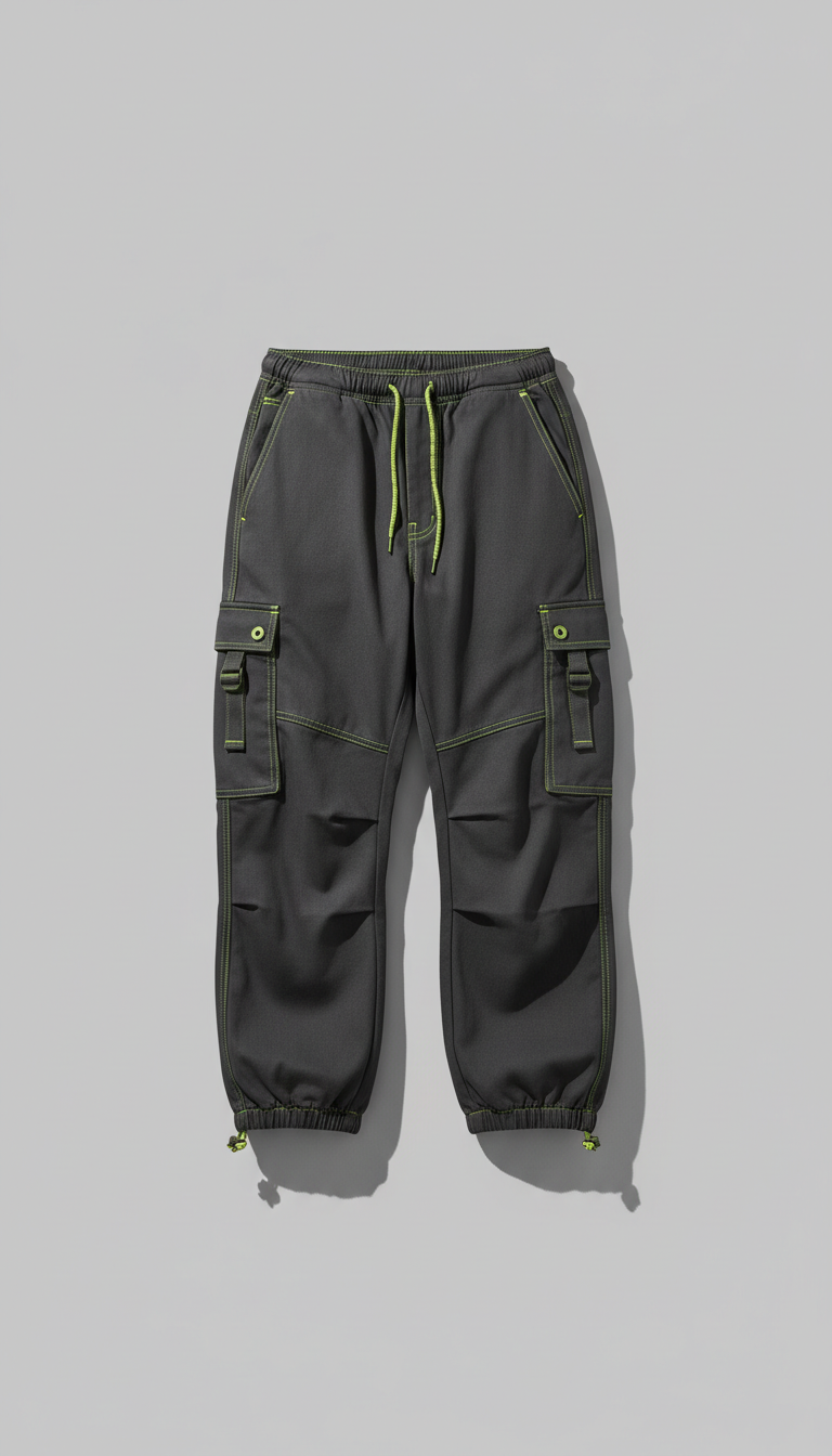 Signal Lime accented oversized cargo pants, Default product shots are 3/4 front angles at chest-to-hip height for...