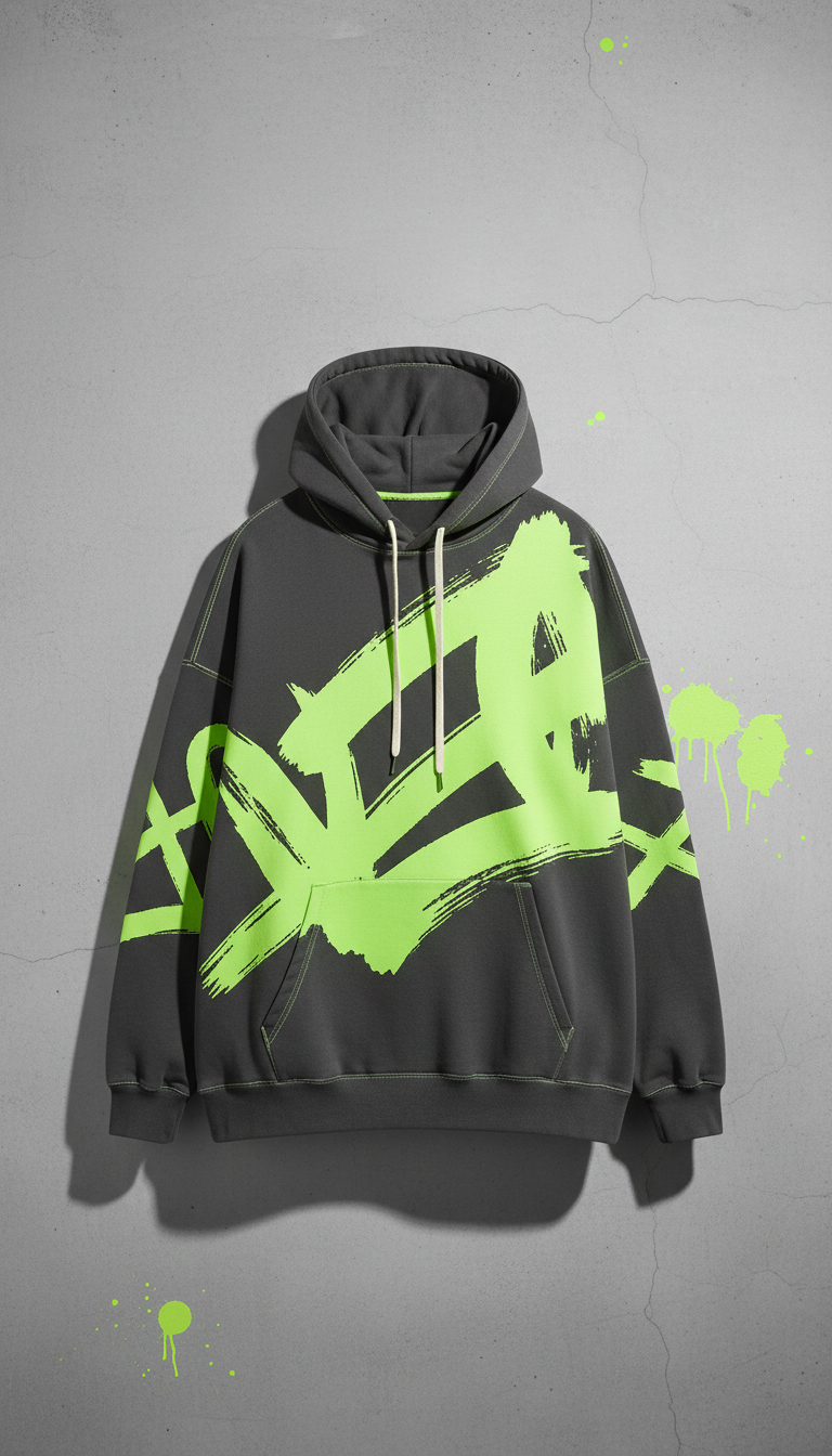 Oversized acid-lime graphic hoodie, Single product-focused shots at a slight 3/4 angle on textured concrete surfaces or...