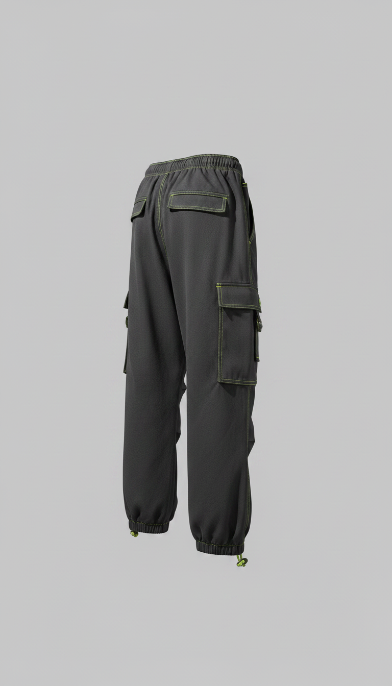 Alternate angle view of oversized cargo pants with lime accents