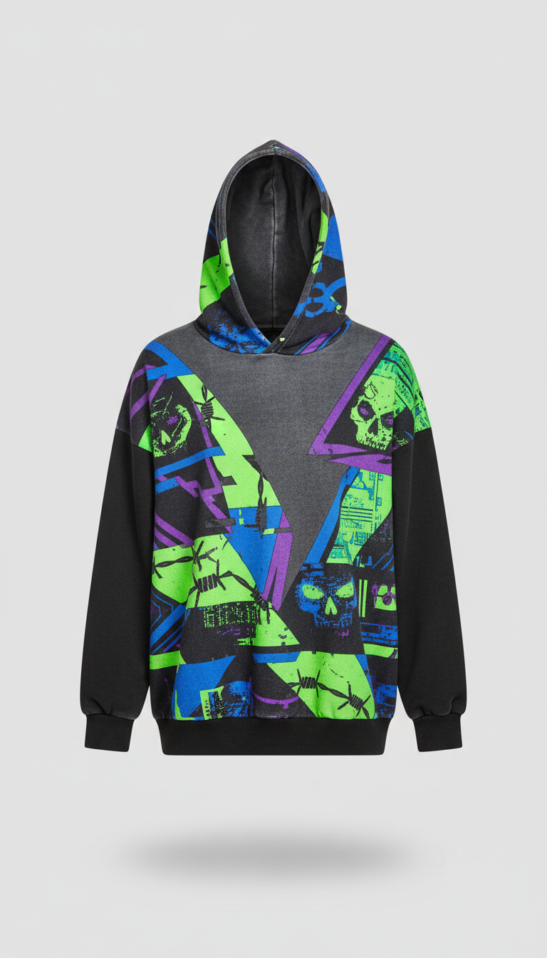 [PRODUCT]: A polyester blend hoodie showcasing edgy graphic elements designed for Gen Z appeal. Positioned centrally on a...