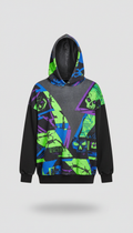 [PRODUCT]: A polyester blend hoodie showcasing edgy graphic elements designed for Gen Z appeal. Positioned centrally on a...