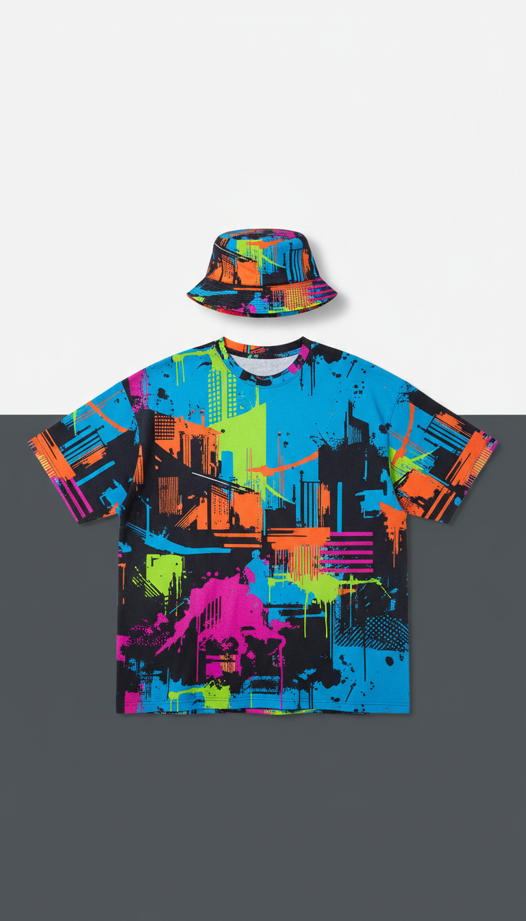 An Urban Canvas oversized graphic t-shirt paired with a bold hat, with soft, shadowless lighting enhancing the vibrant...